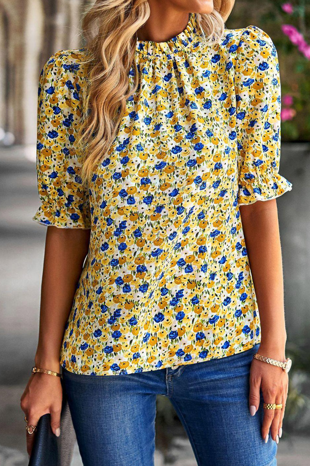 Yellow Floral Boho Frill Mock Neck Blouse