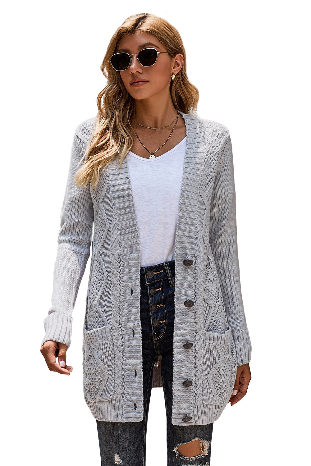 Color Block Button Up Closure Knitted Cardigan with Pocket *