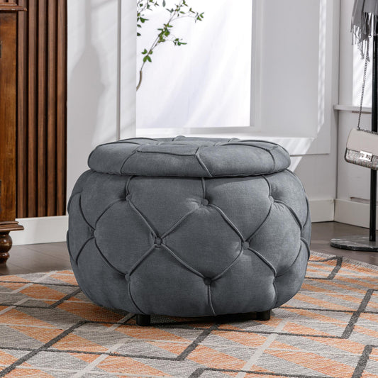 Large Button Tufted Woven Round Storage Footstool