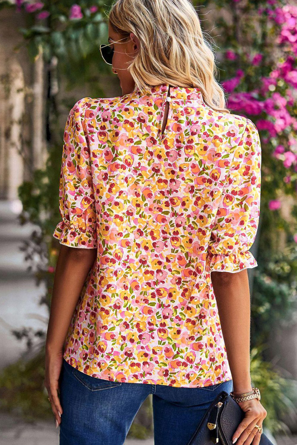 Yellow Floral Boho Frill Mock Neck Blouse