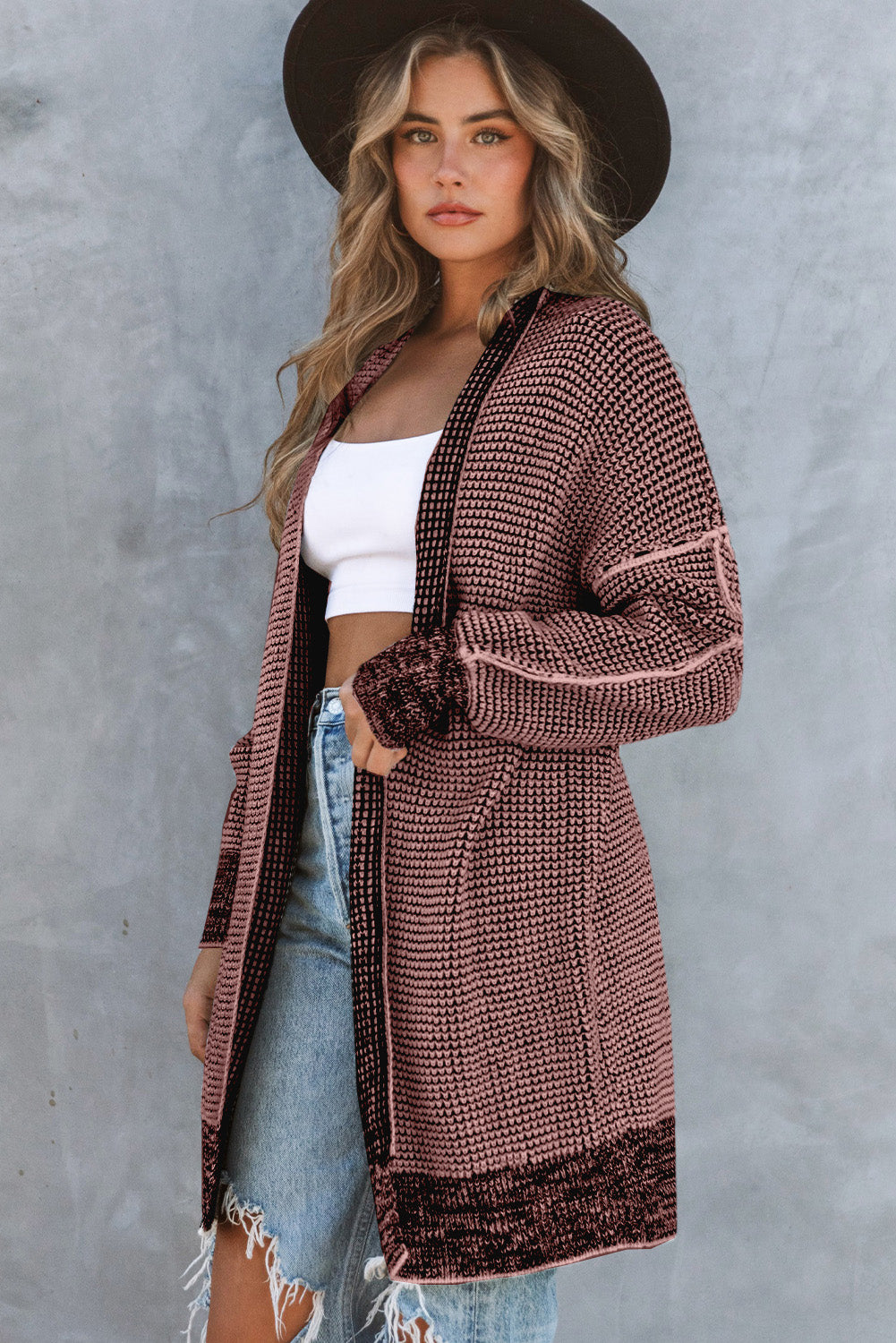 Pink Plaid Contrast Trim Casual Knit Long Cardigan*