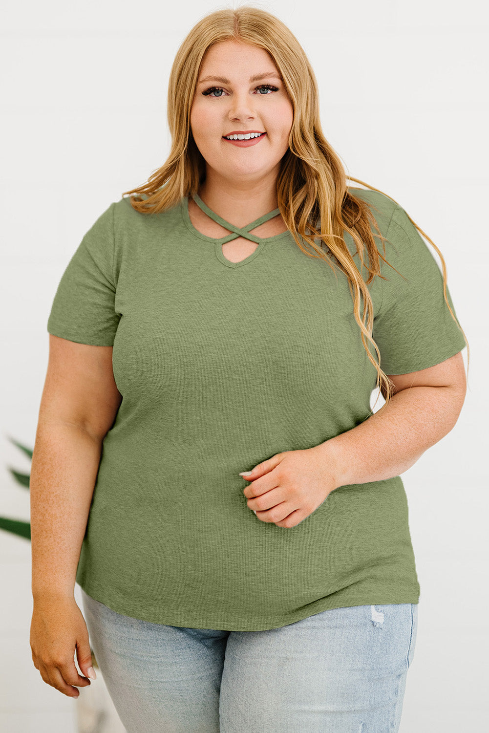 Army Green Casual Crisscross Ribbed Knit  Plus Size Tee *