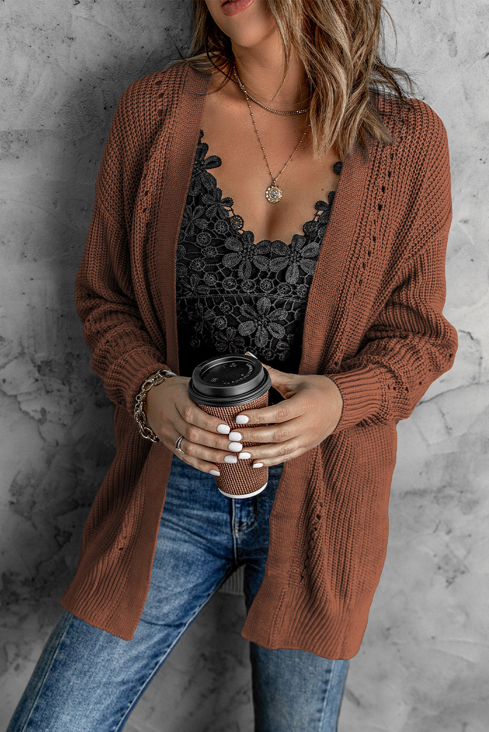 Khaki Fall Long Sleeve Long Cardigan Sweater *