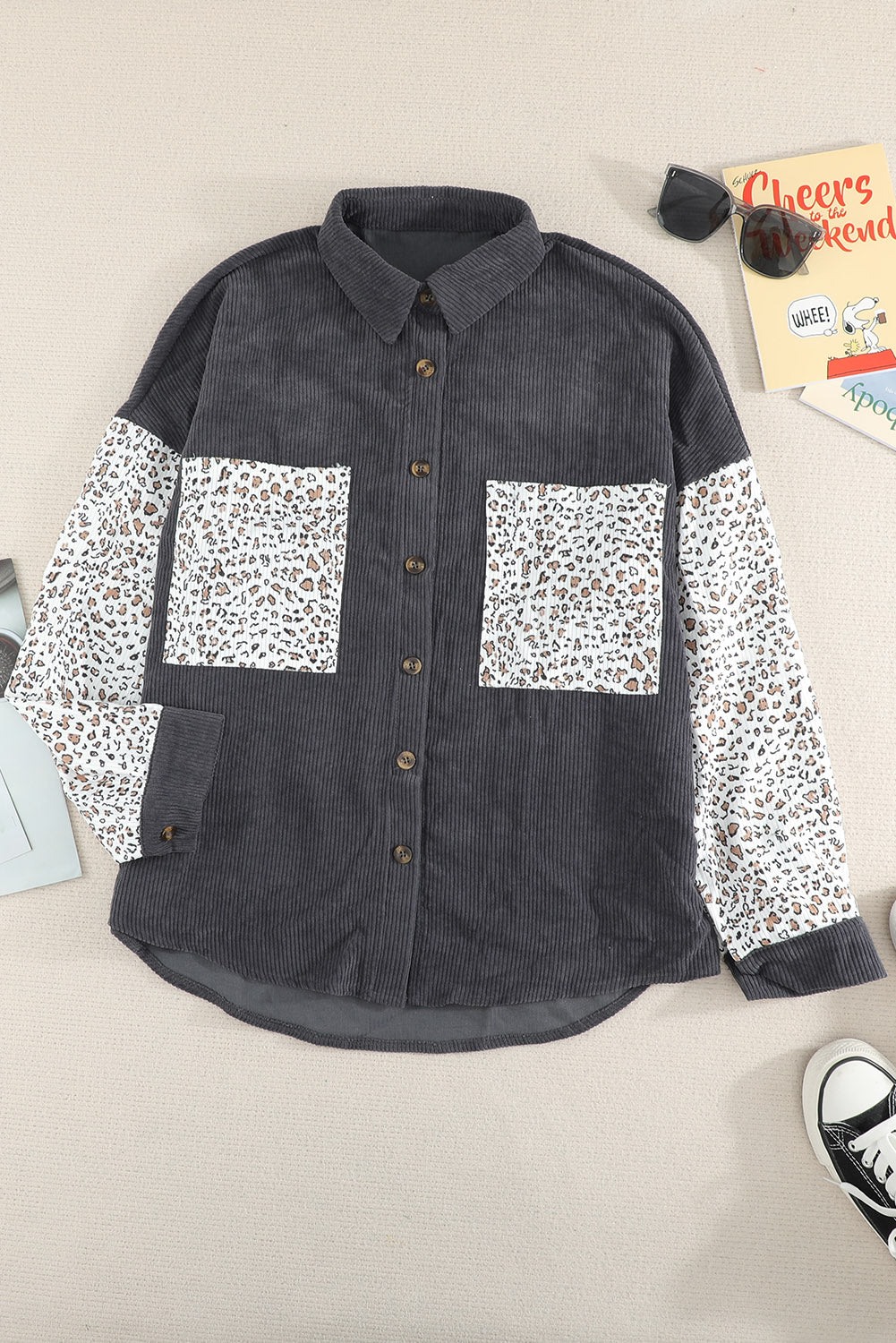 Leopard Patchwork Corduroy Buttoned Shirt Jacket *