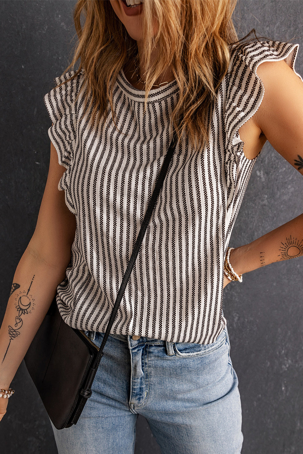 Grey Casual Striped Print Ruffle Summer Top *