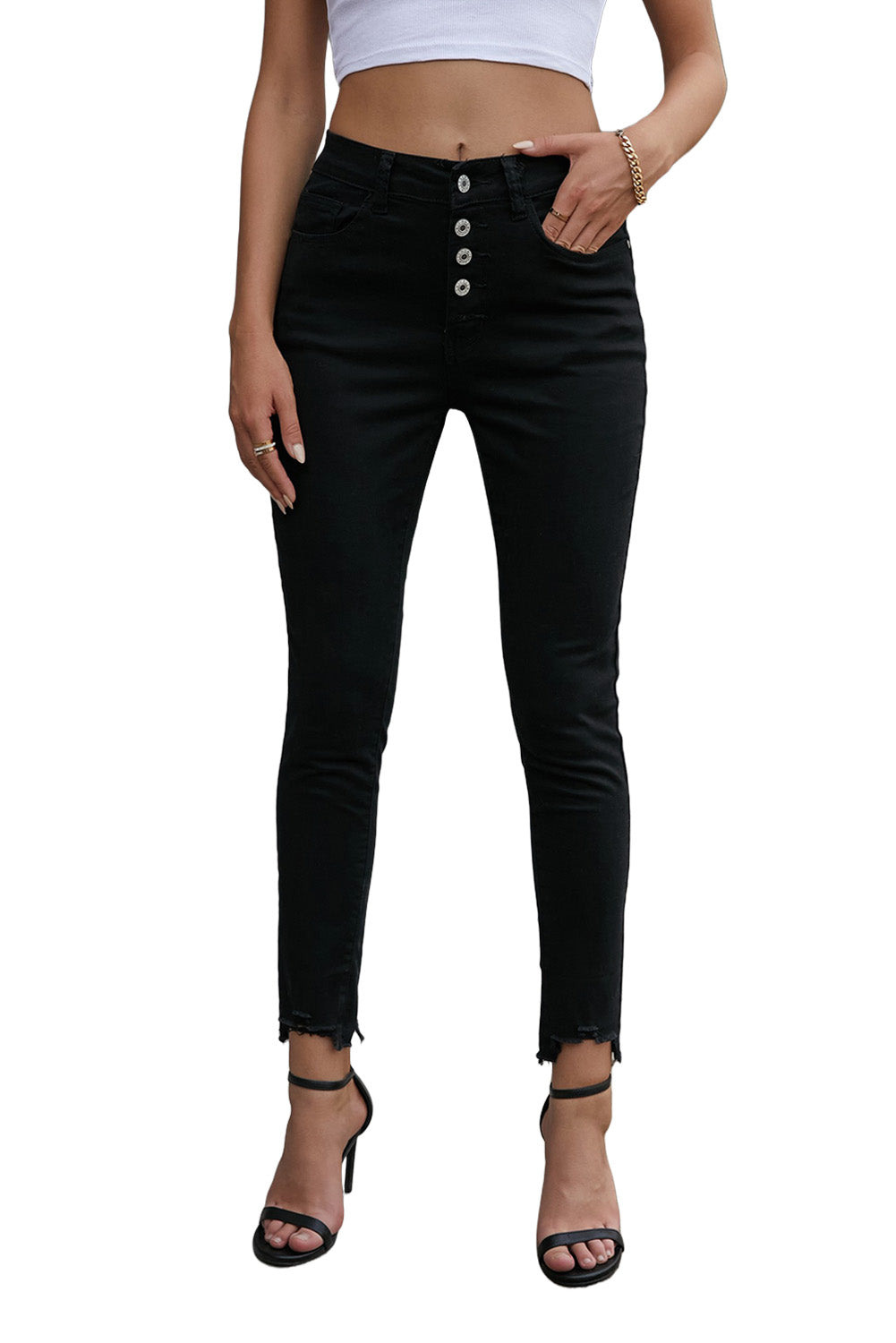 Buttons Frayed Cropped High Waisted Jeans *