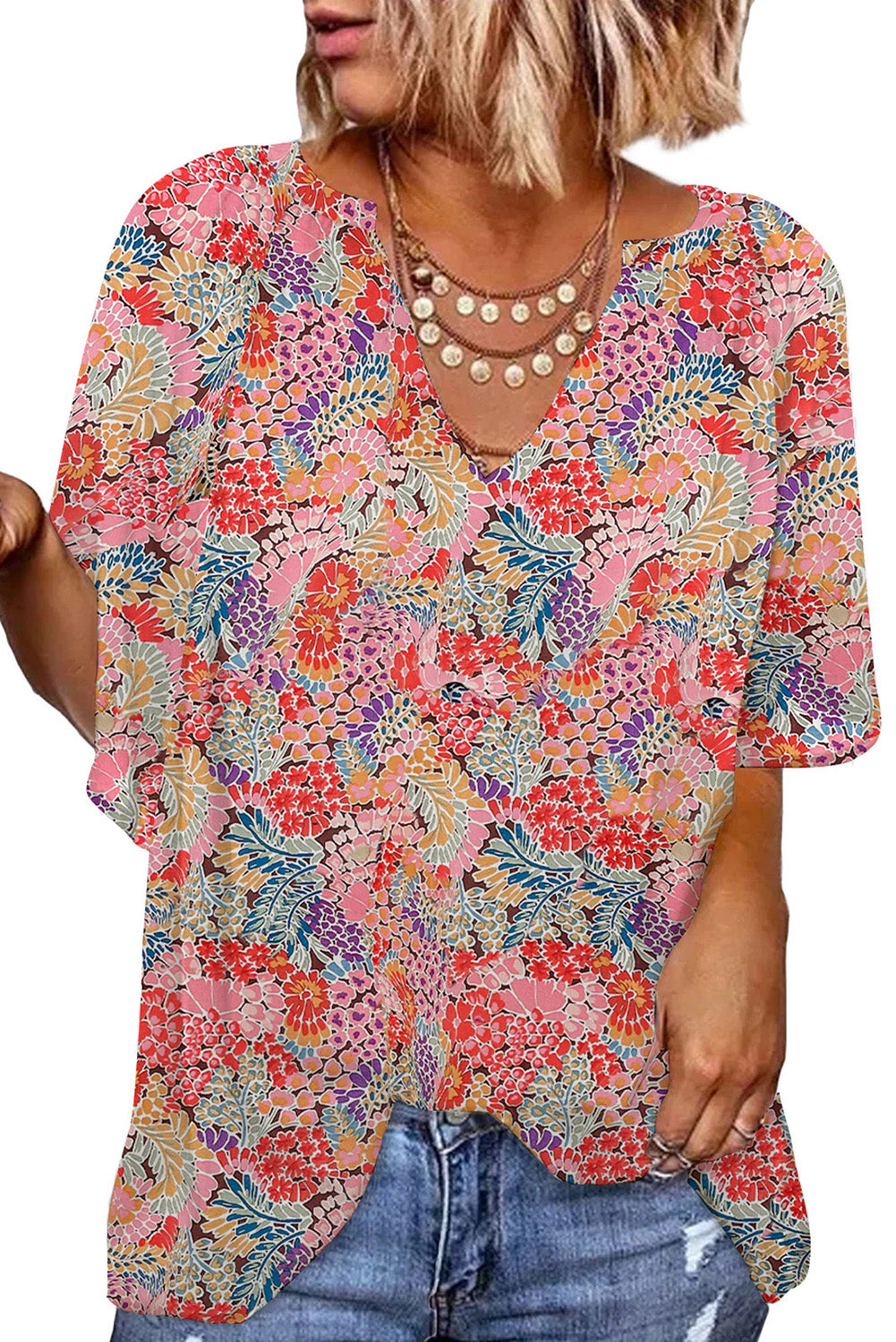 Multicolor Gorgeous Notch V Neck Short Sleeve Floral Blouse *