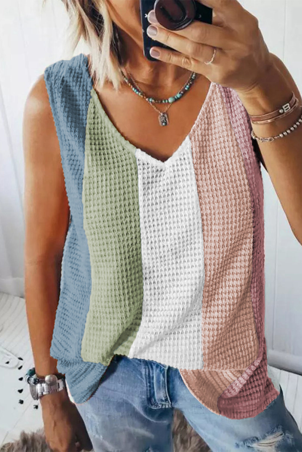 Multicolor Color Block Casual V Neck Waffle Knit Tank Top *