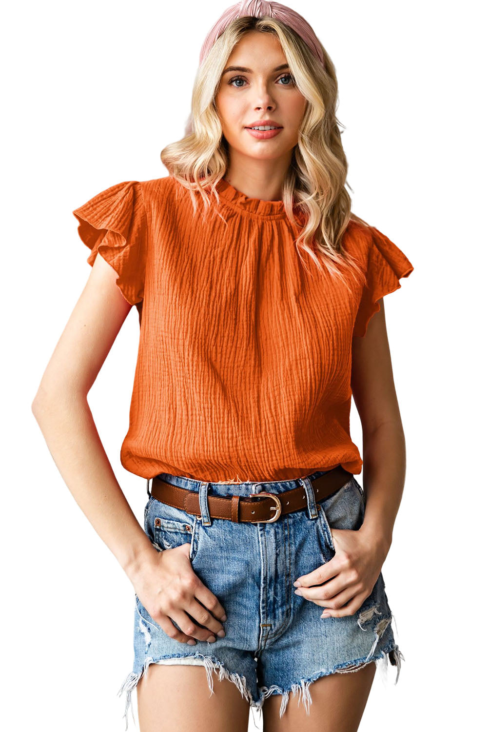 Rosy Crinkled Ruffle Casual Short Sleeve Blouse *