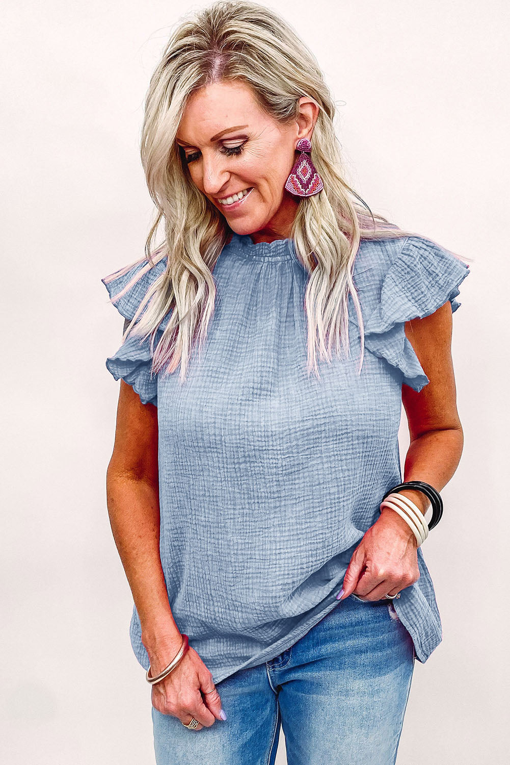 Rosy Crinkled Ruffle Casual Short Sleeve Blouse *