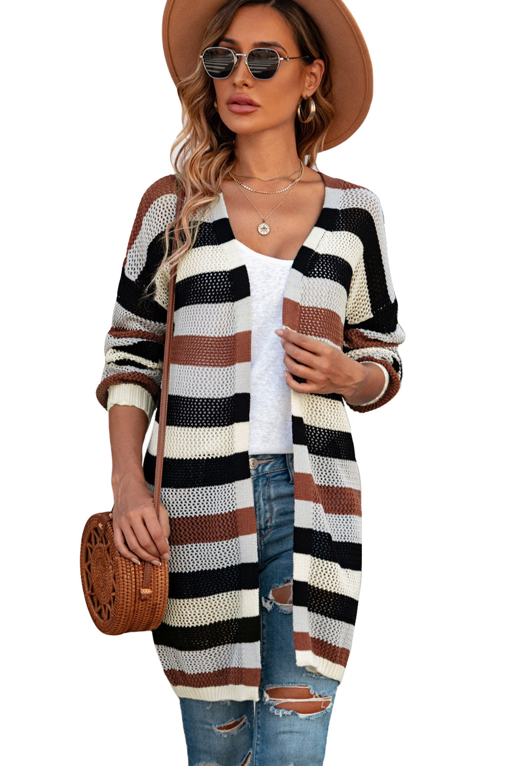 Striped Color Block Hollow Cable Knit Cardigan *