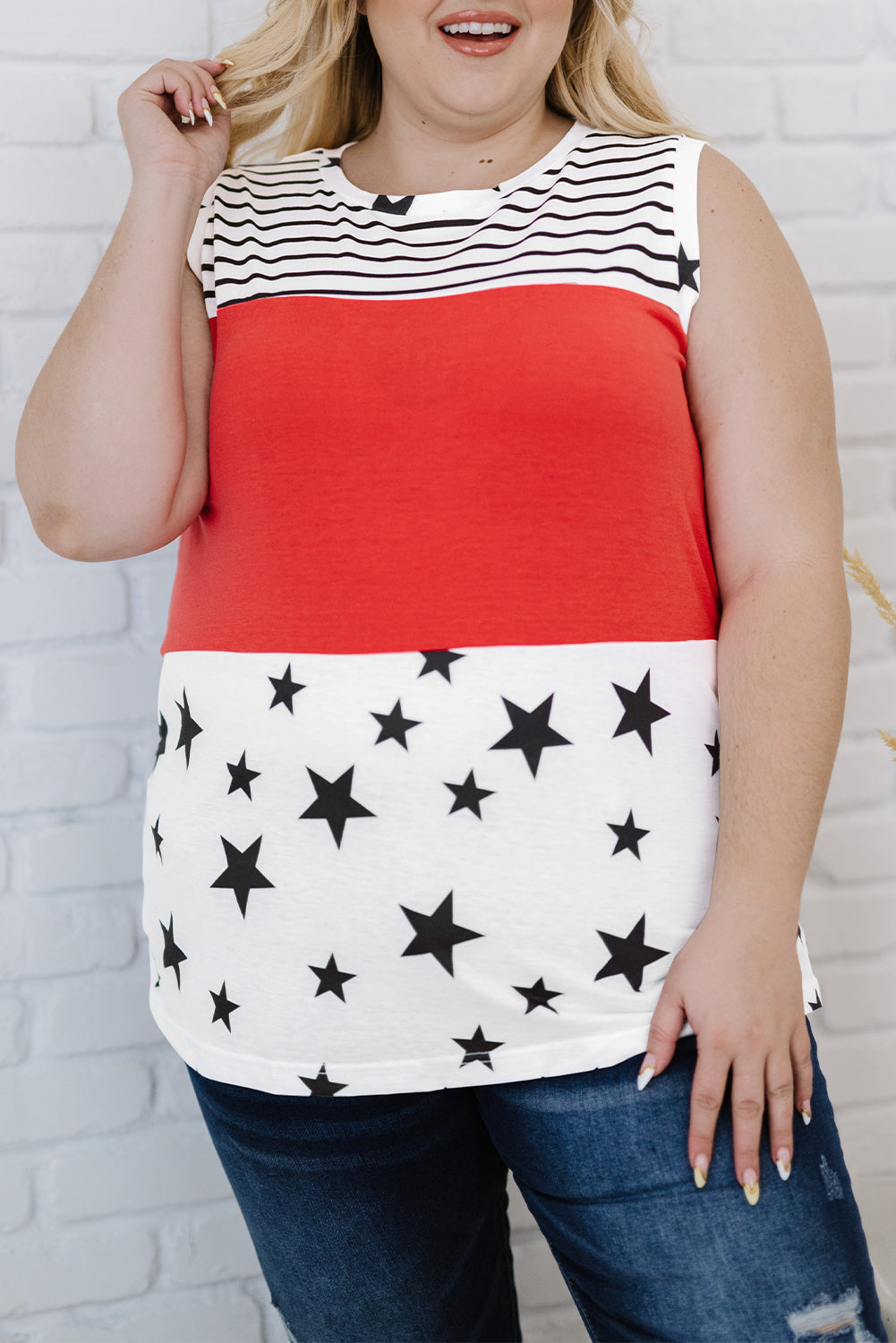 Red Stripes Stars Print Sleeveless Plus Size Top *