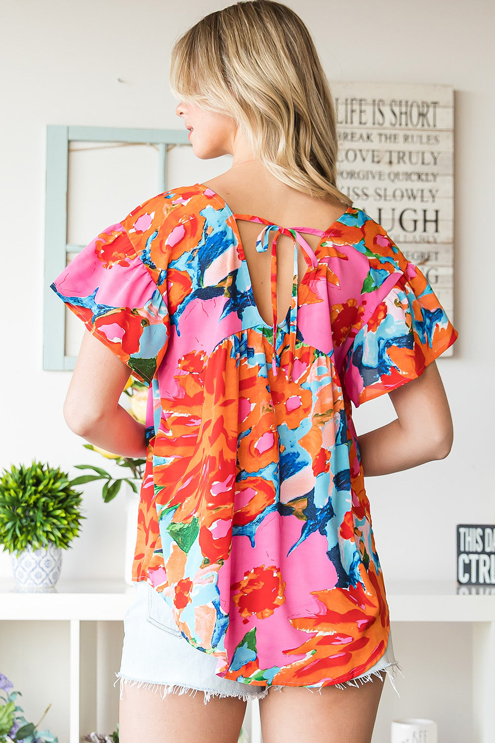 Pink Boho Abstract Print Color Block V Neck Flutter Sleeve Blouse