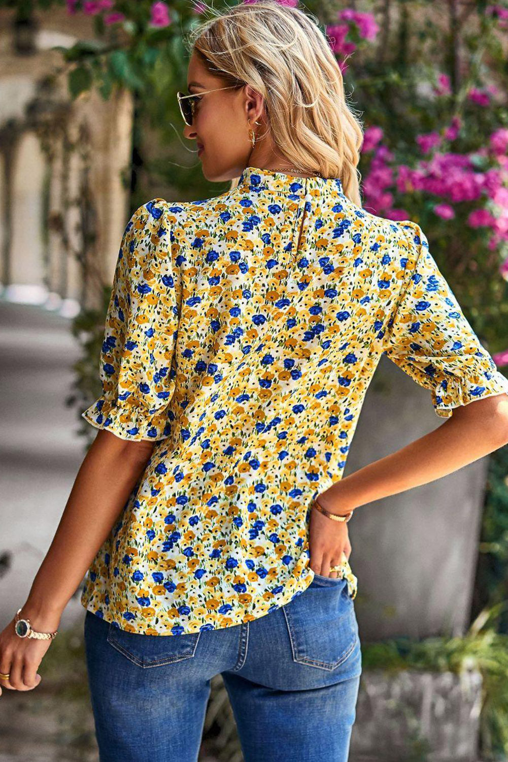 Yellow Floral Boho Frill Mock Neck Blouse