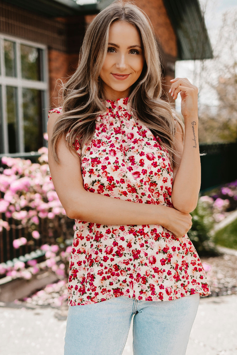 Boho Floral Print Ruffled Mock Neck Sleeveless Shirt *