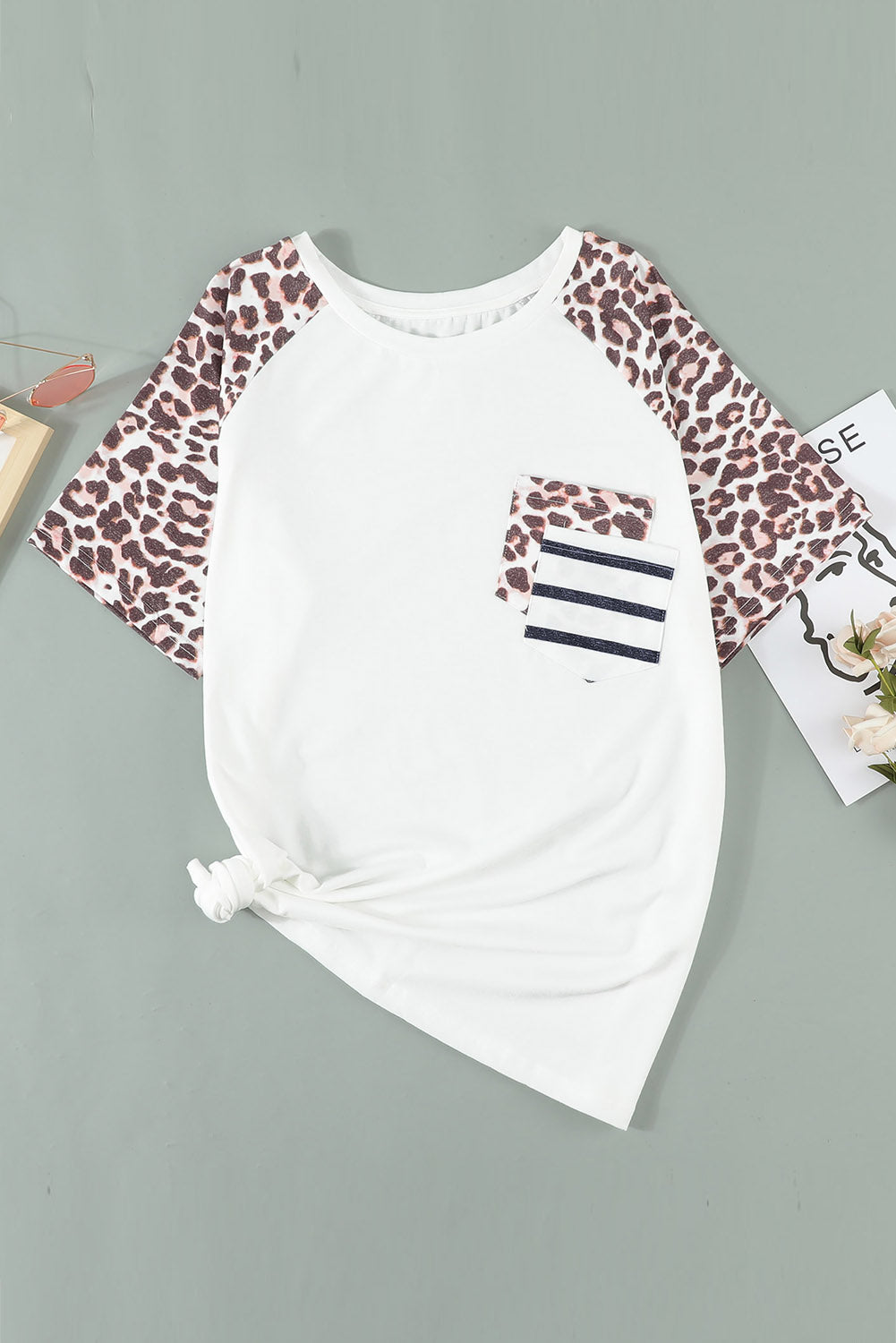 Leopard Striped Double Pocket Plus Size Tee *