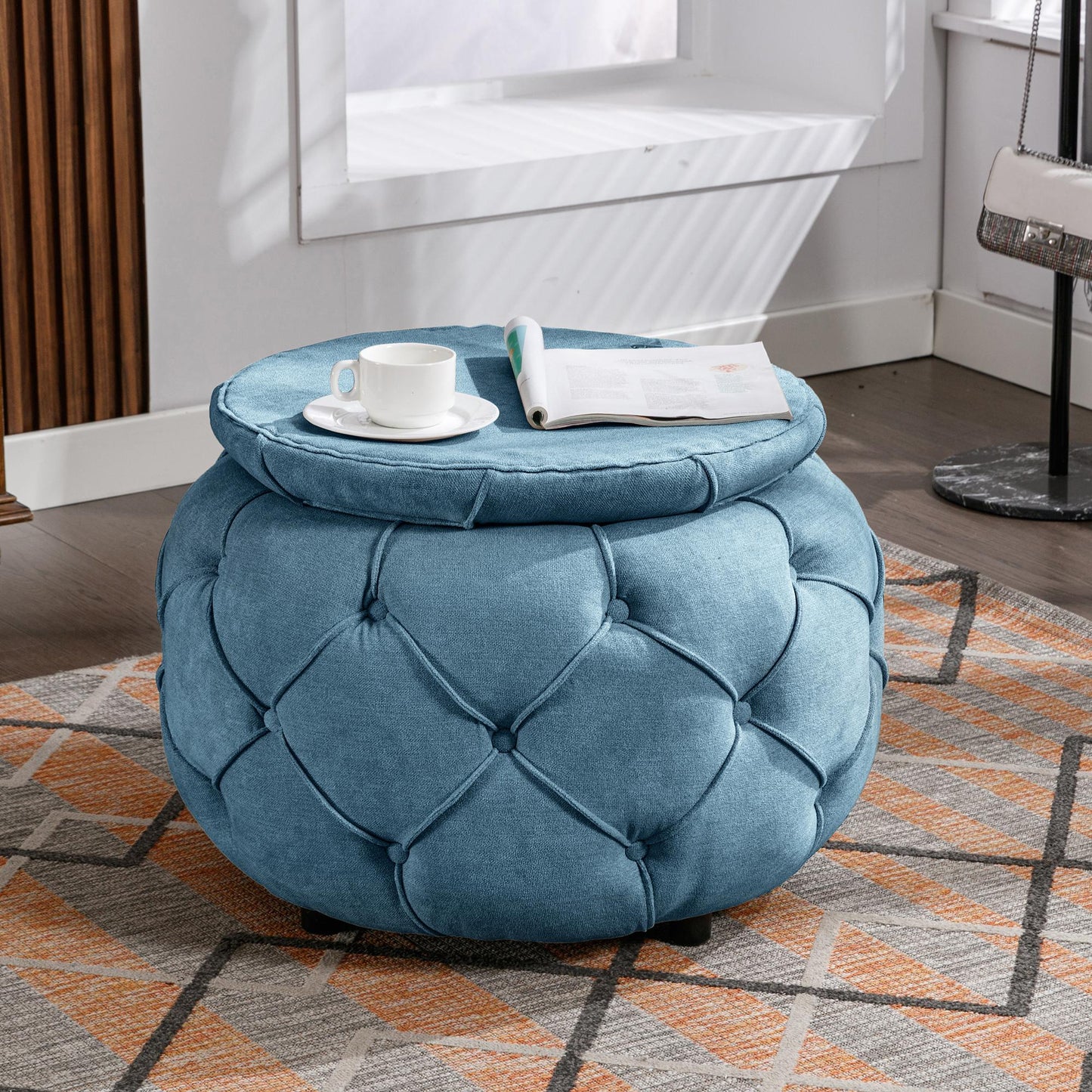 Large Button Tufted Woven Round Storage Footstool