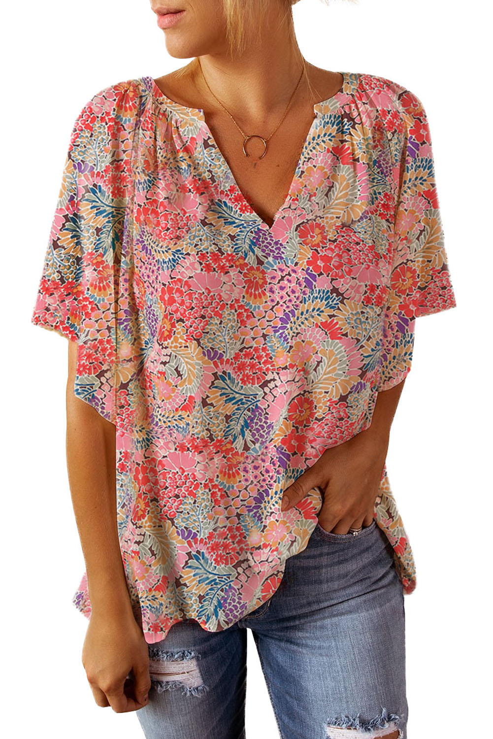 Multicolor Gorgeous Notch V Neck Short Sleeve Floral Blouse *