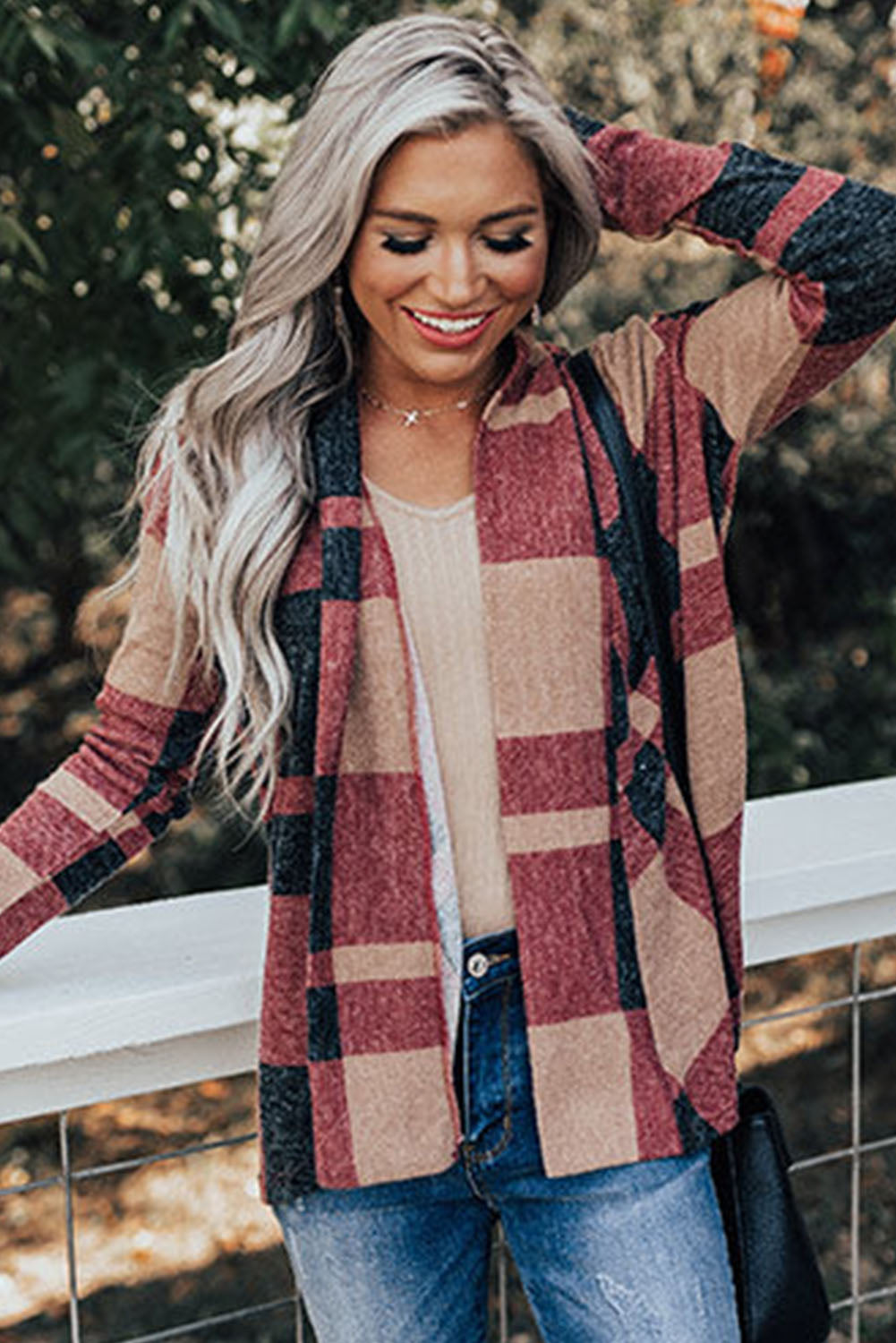 Plaid Casual Draped Open Front Cardigan *