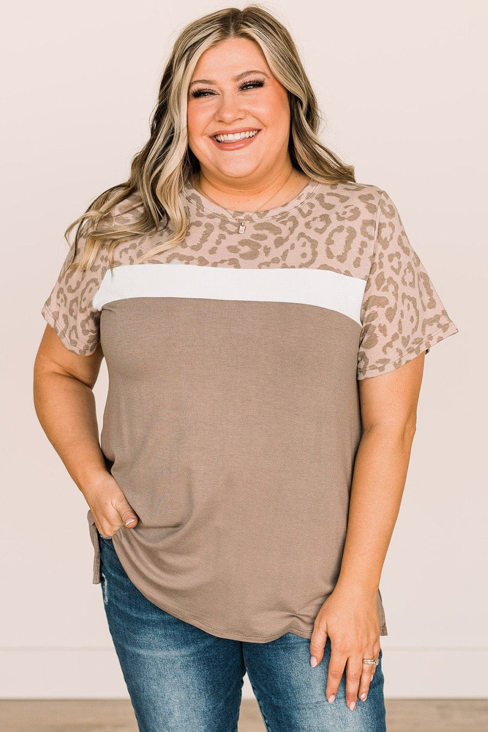 Khaki Leopard Color Block Plus Size Top *