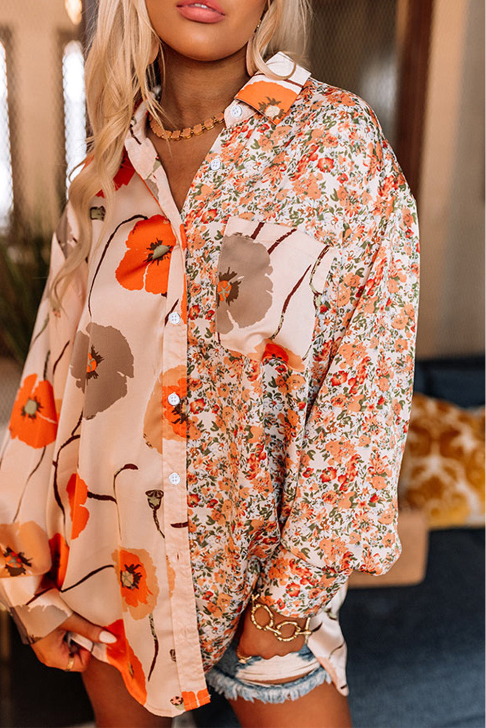 Bohemian Floral Pockets Patchwork Button Up Shirt *