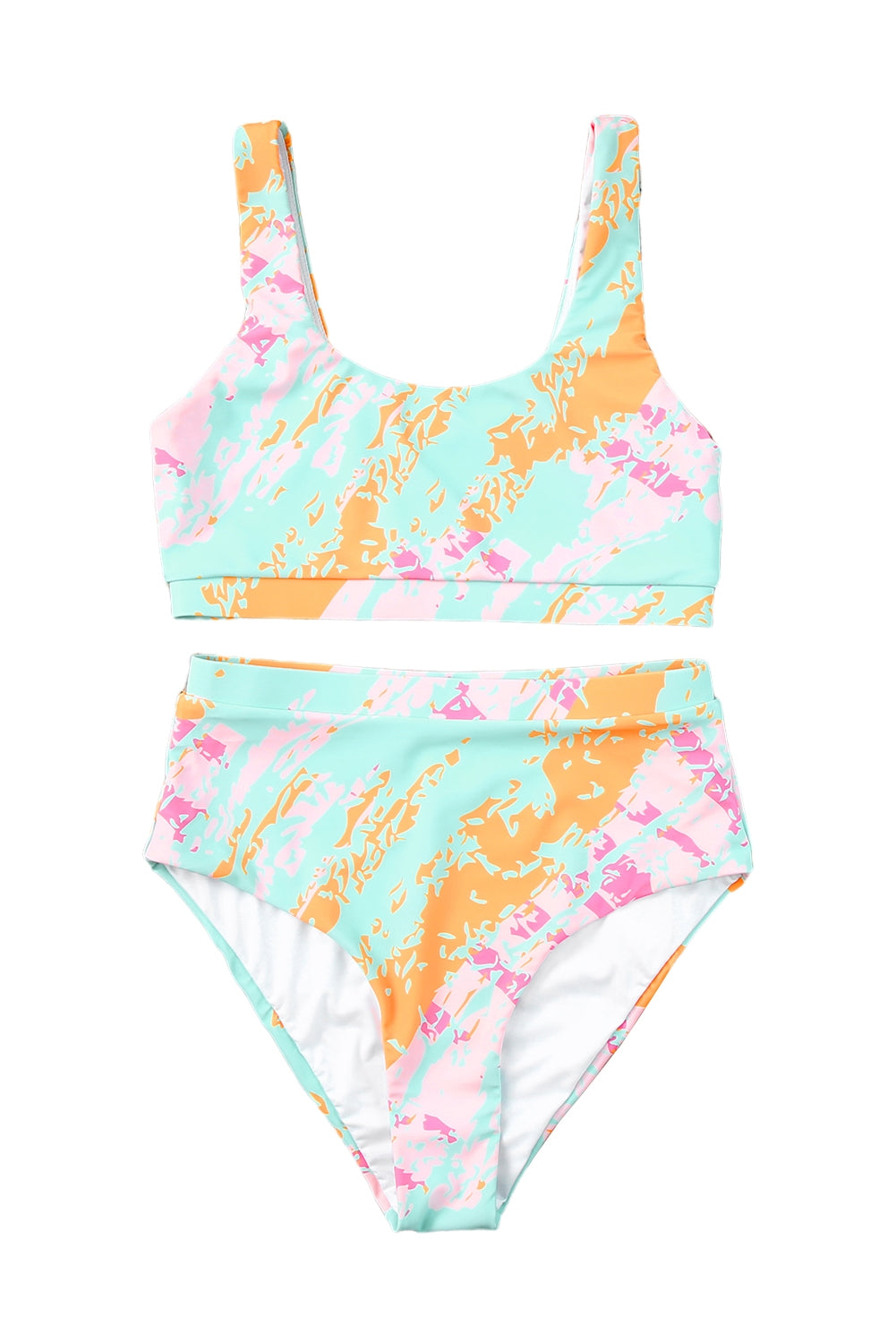 Light Blue Abstract Print High Waist Bikini Swimsuit *