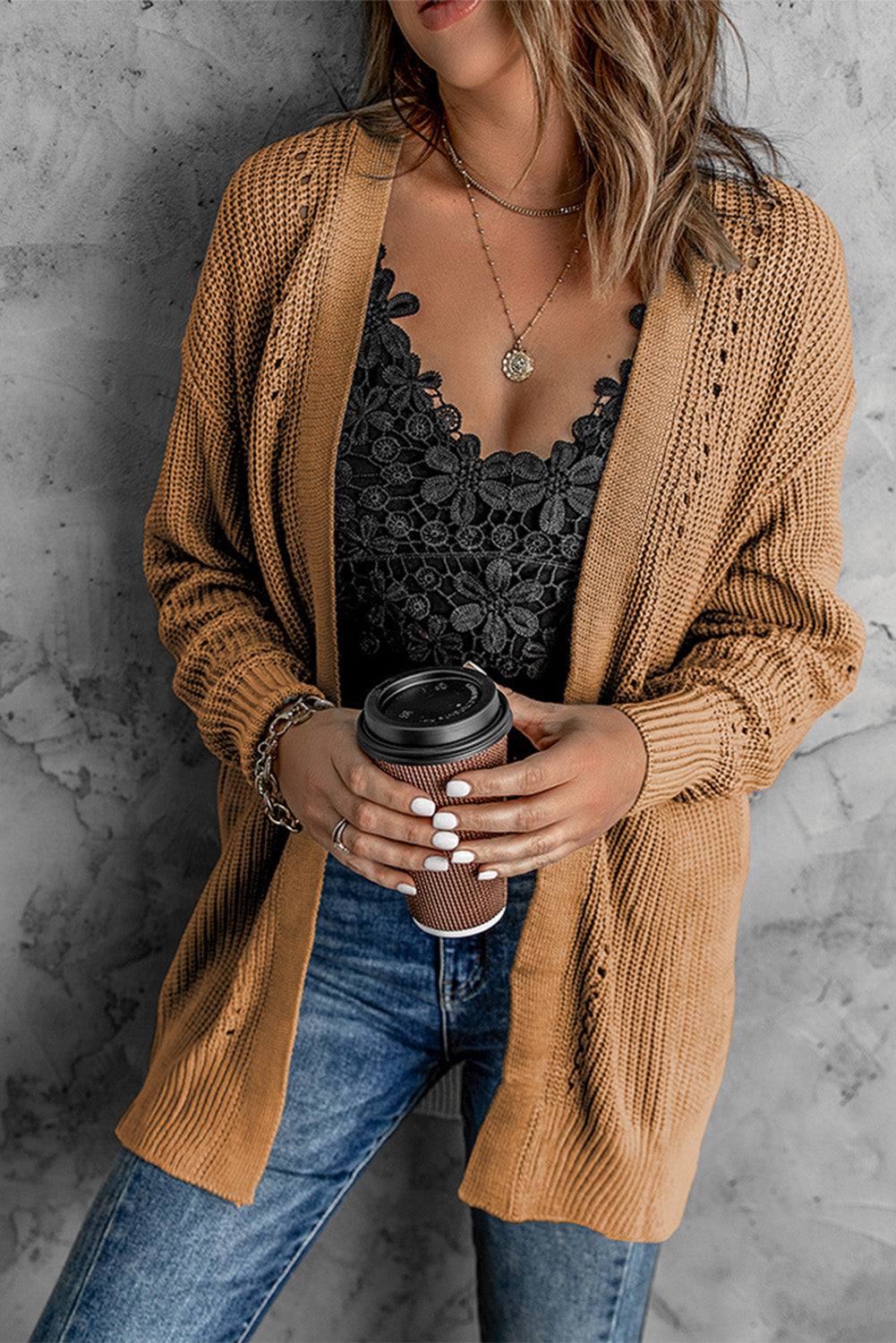 Khaki Fall Long Sleeve Long Cardigan Sweater *