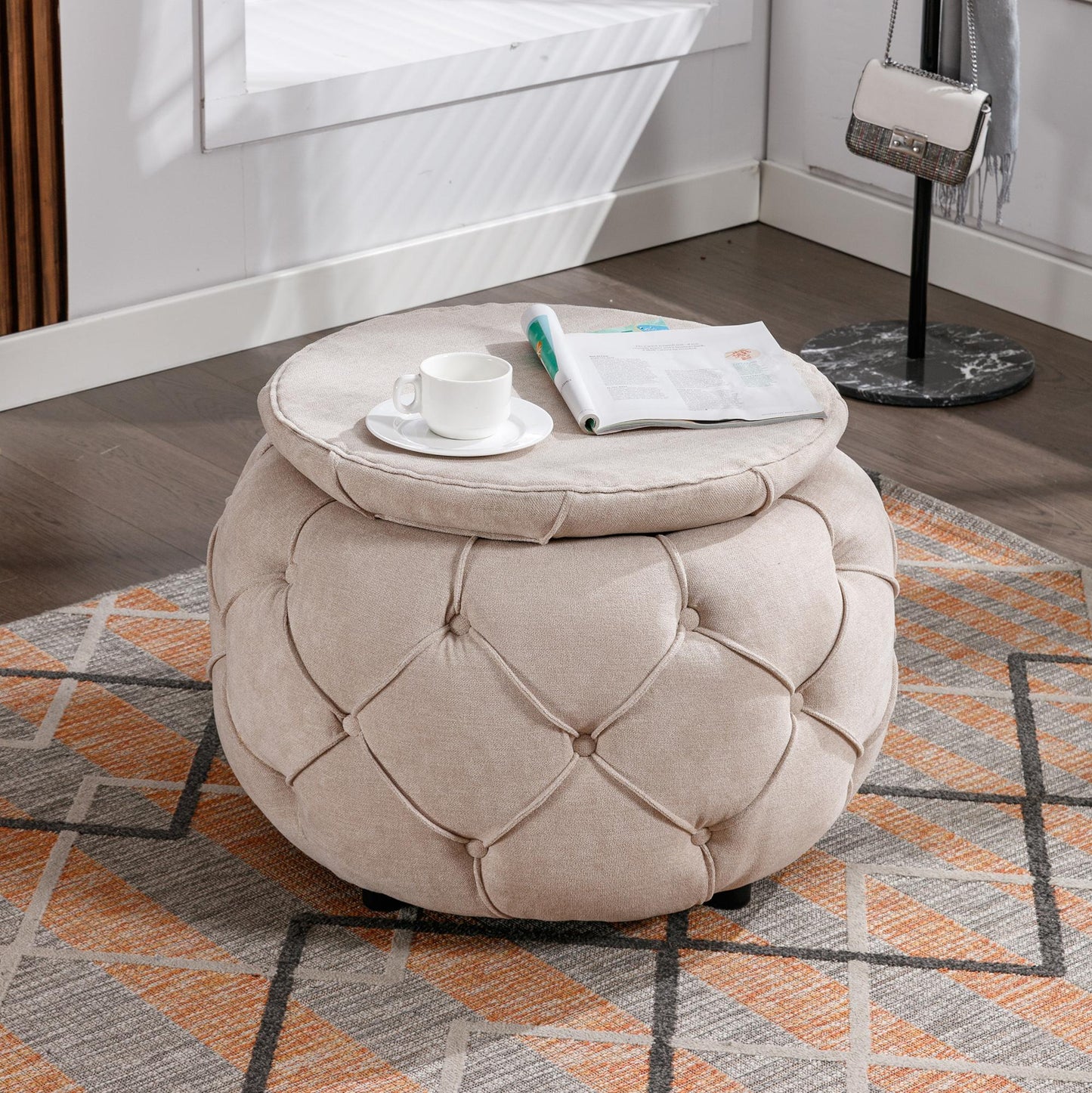 Large Button Tufted Woven Round Storage Footstool