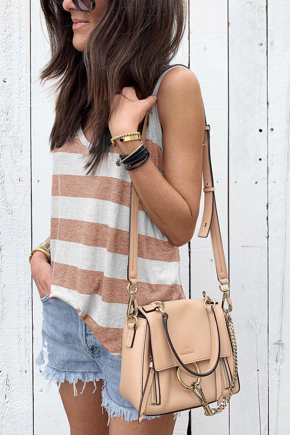 Striped Colorblock V Neck Casual Tank Top