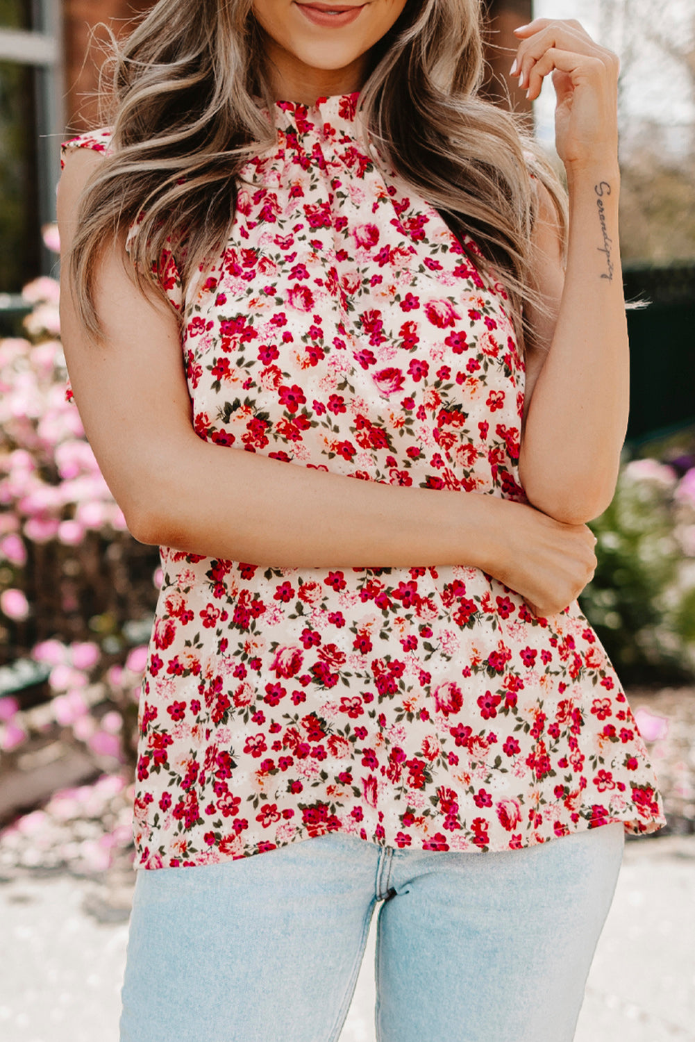 Boho Floral Print Ruffled Mock Neck Sleeveless Shirt *