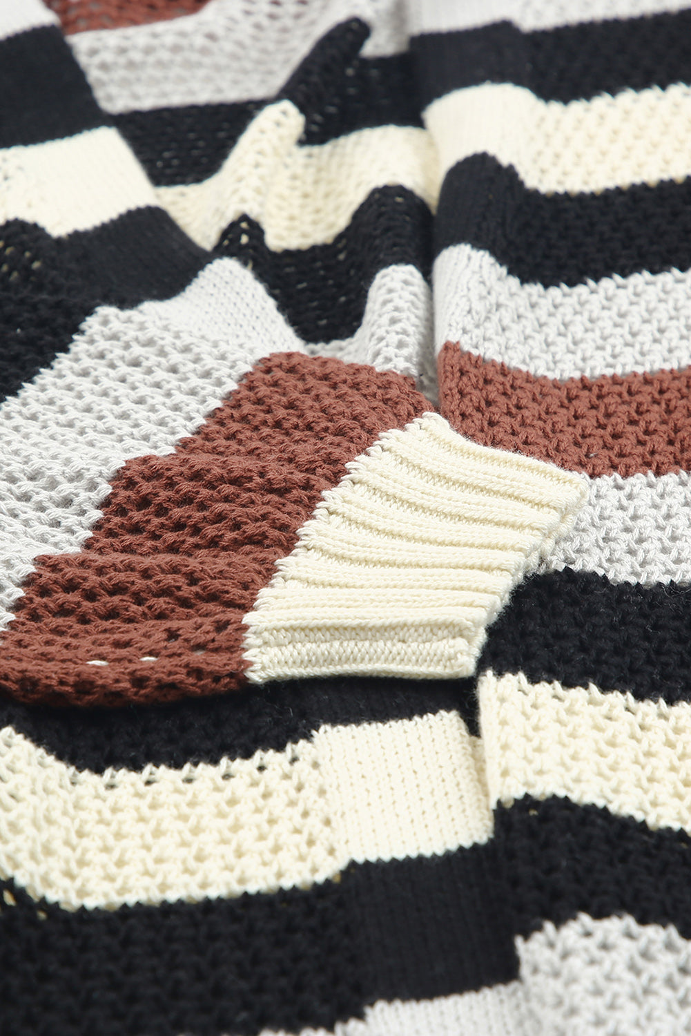 Striped Color Block Hollow Cable Knit Cardigan *