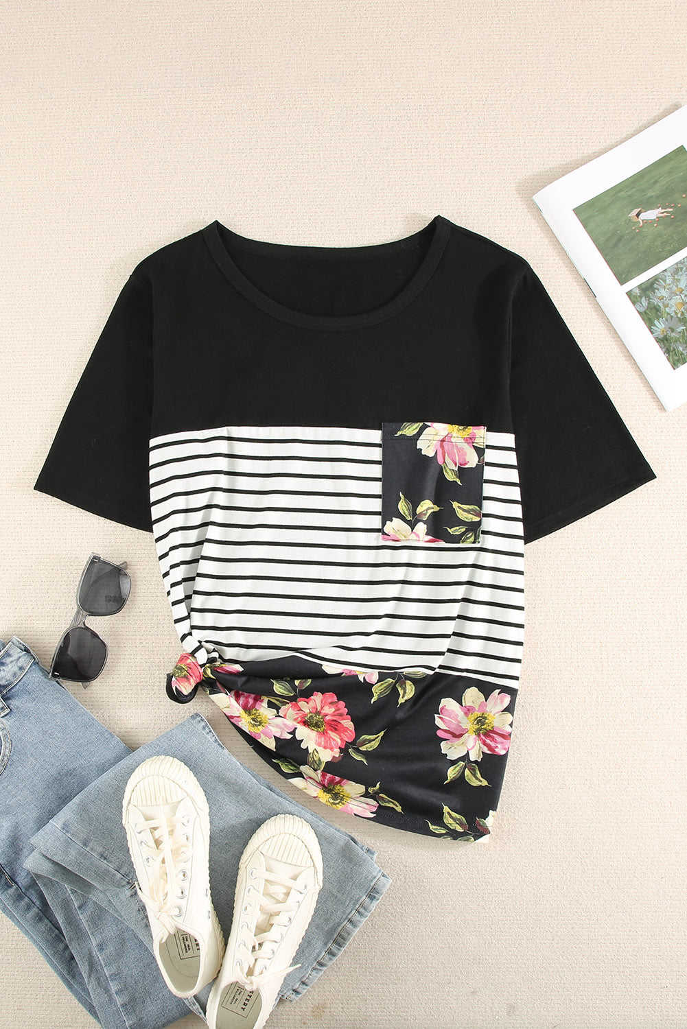 Stripe Floral Casual Splicing Block Plus Size Top *