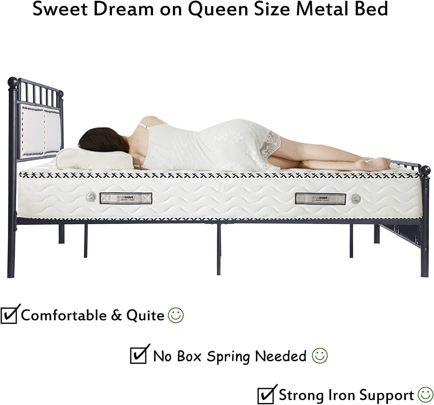 Metal Queen Bed Frame with Upholstered Headboard & Footboard