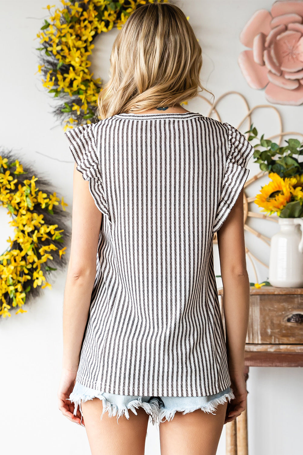 Grey Casual Striped Print Ruffle Summer Top *