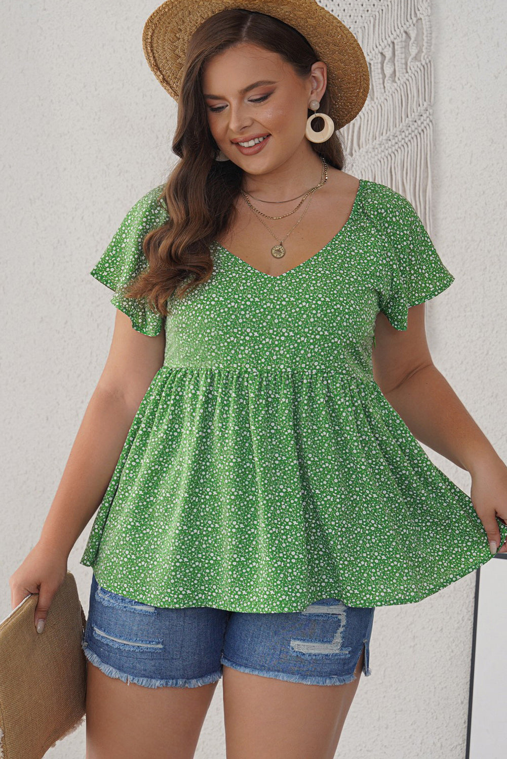 Floral Print Pleated Flounce Hem Short Sleeve Plus Size Top *