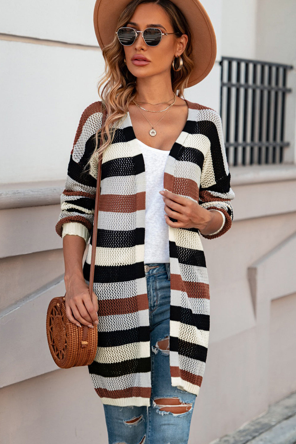 Striped Color Block Hollow Cable Knit Cardigan *