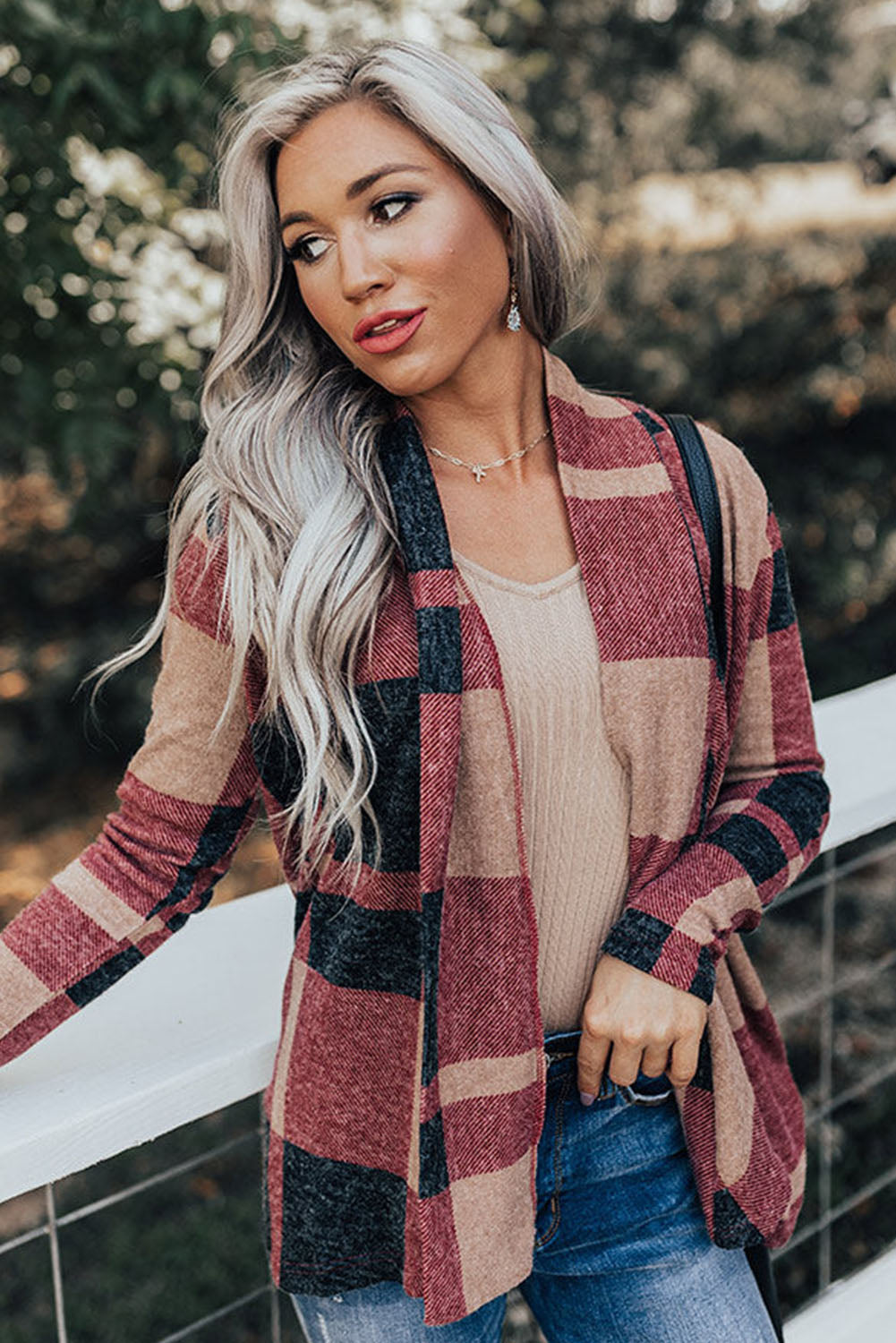 Plaid Casual Draped Open Front Cardigan *