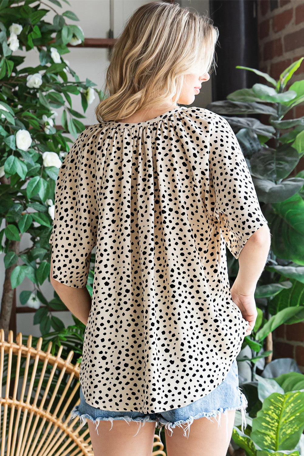 Cheetah Notch V Neck Casual Ruffle Sleeve Blouse *