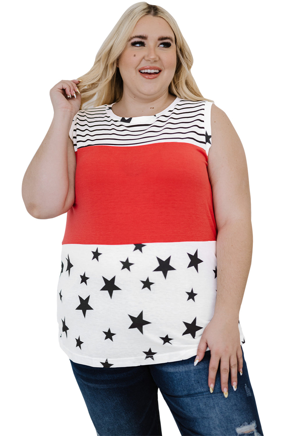 Red Stripes Stars Print Sleeveless Plus Size Top *