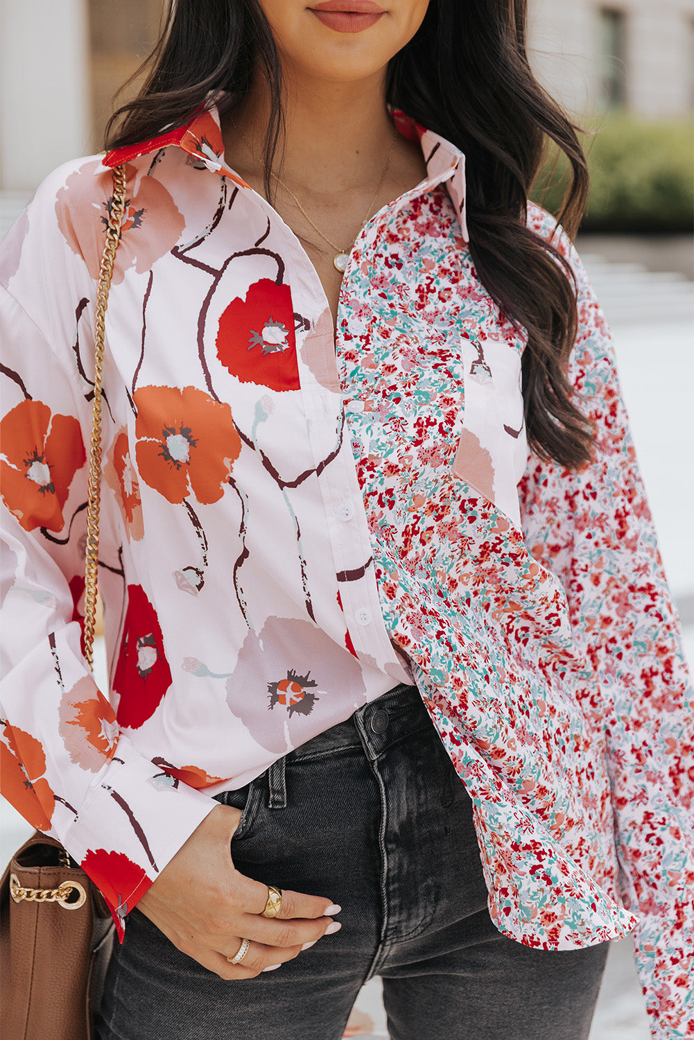 Bohemian Floral Pockets Patchwork Button Up Shirt *