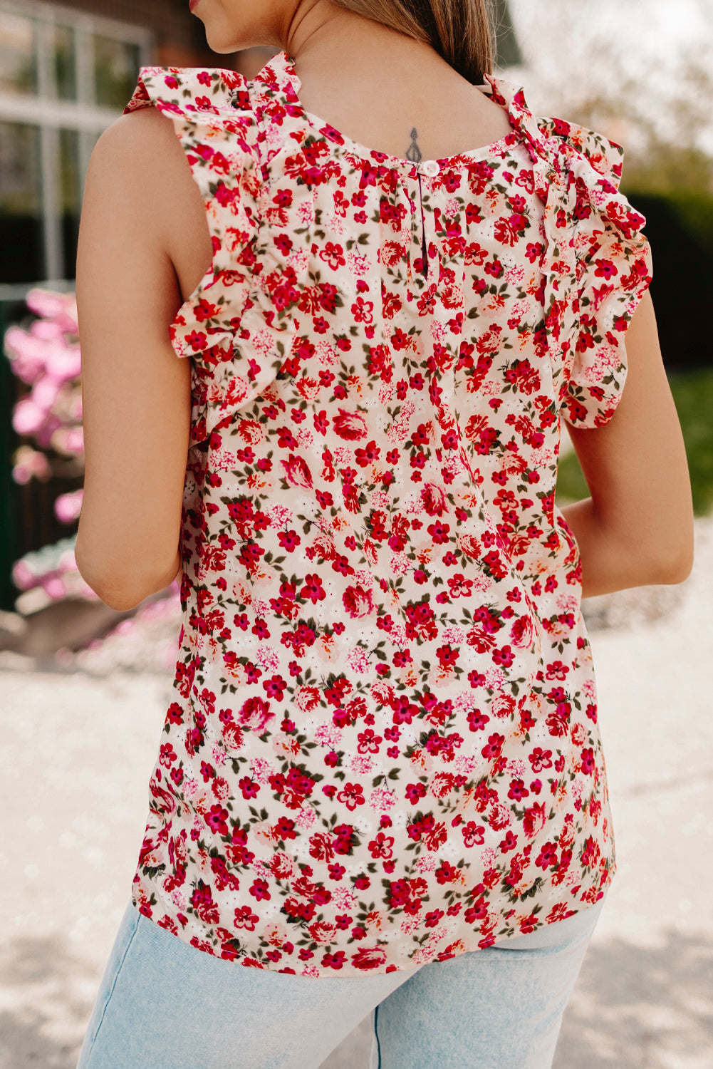 Boho Floral Print Ruffled Mock Neck Sleeveless Shirt *