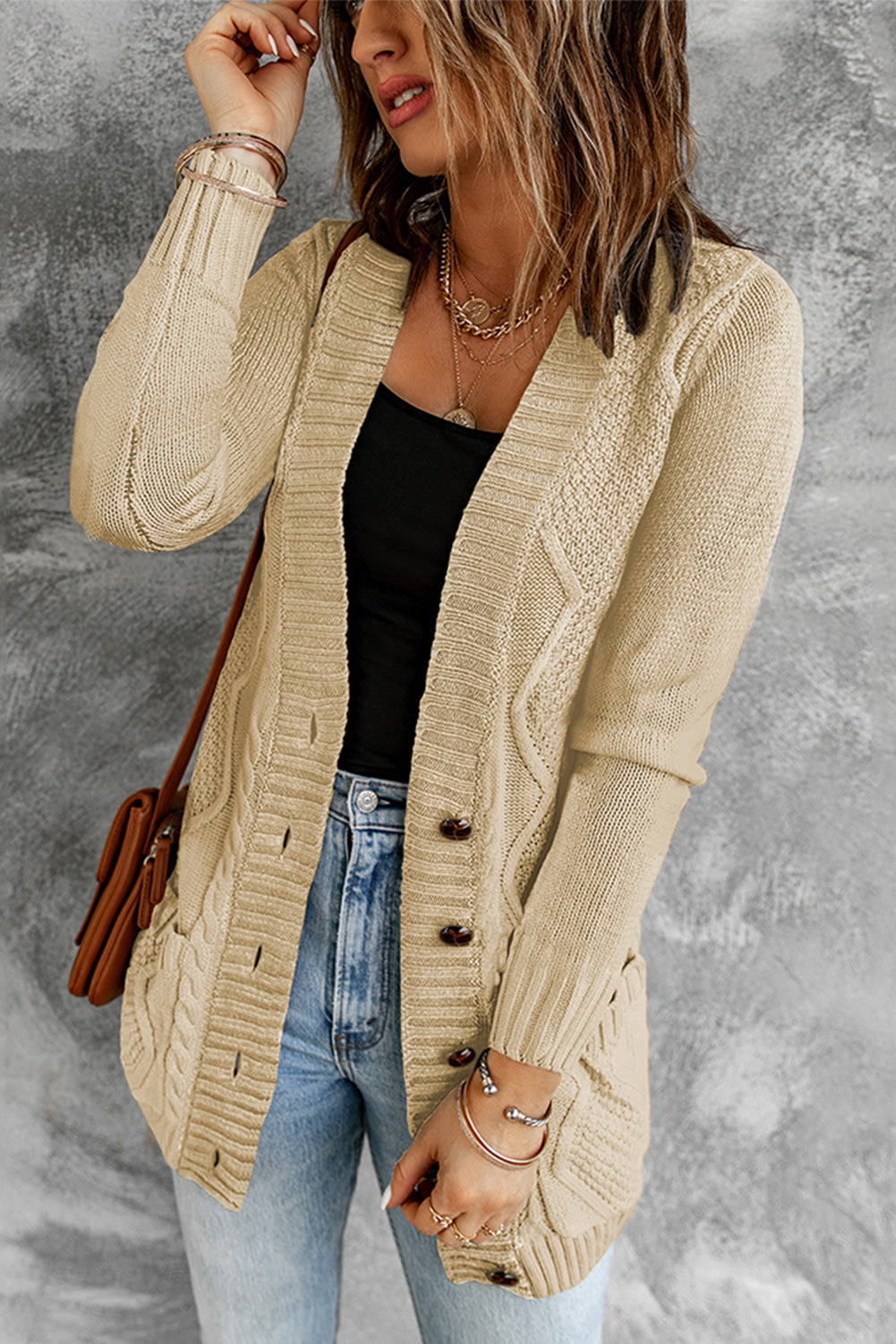 Color Block Button Up Closure Knitted Cardigan with Pocket *