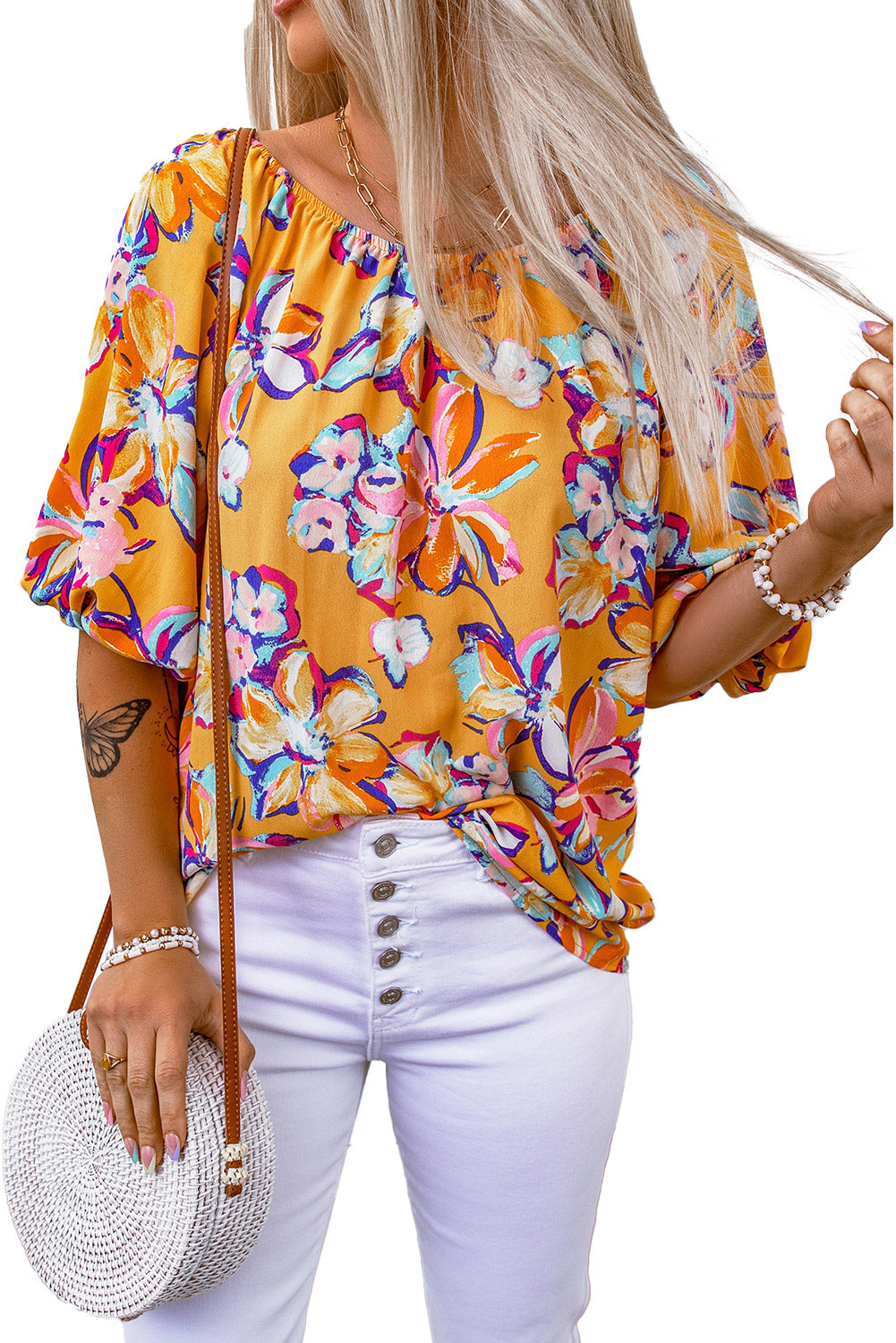 Floral Print Boho Half Sleeve Bishop Sleeve Blouse *