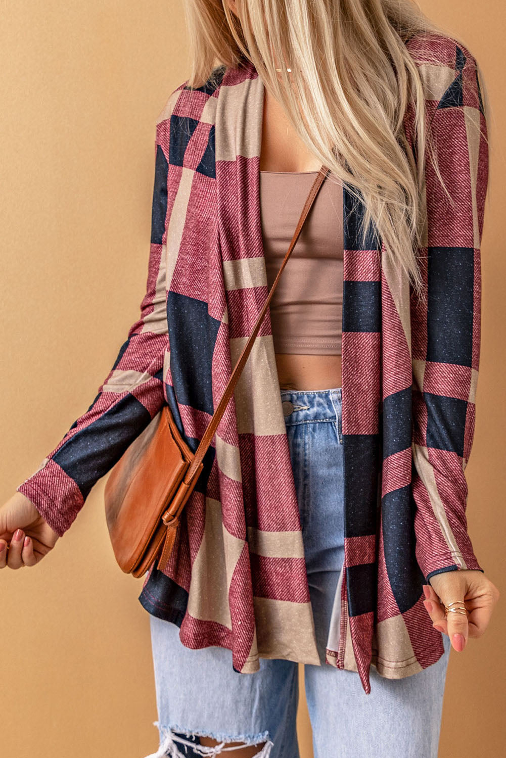 Plaid Casual Draped Open Front Cardigan *