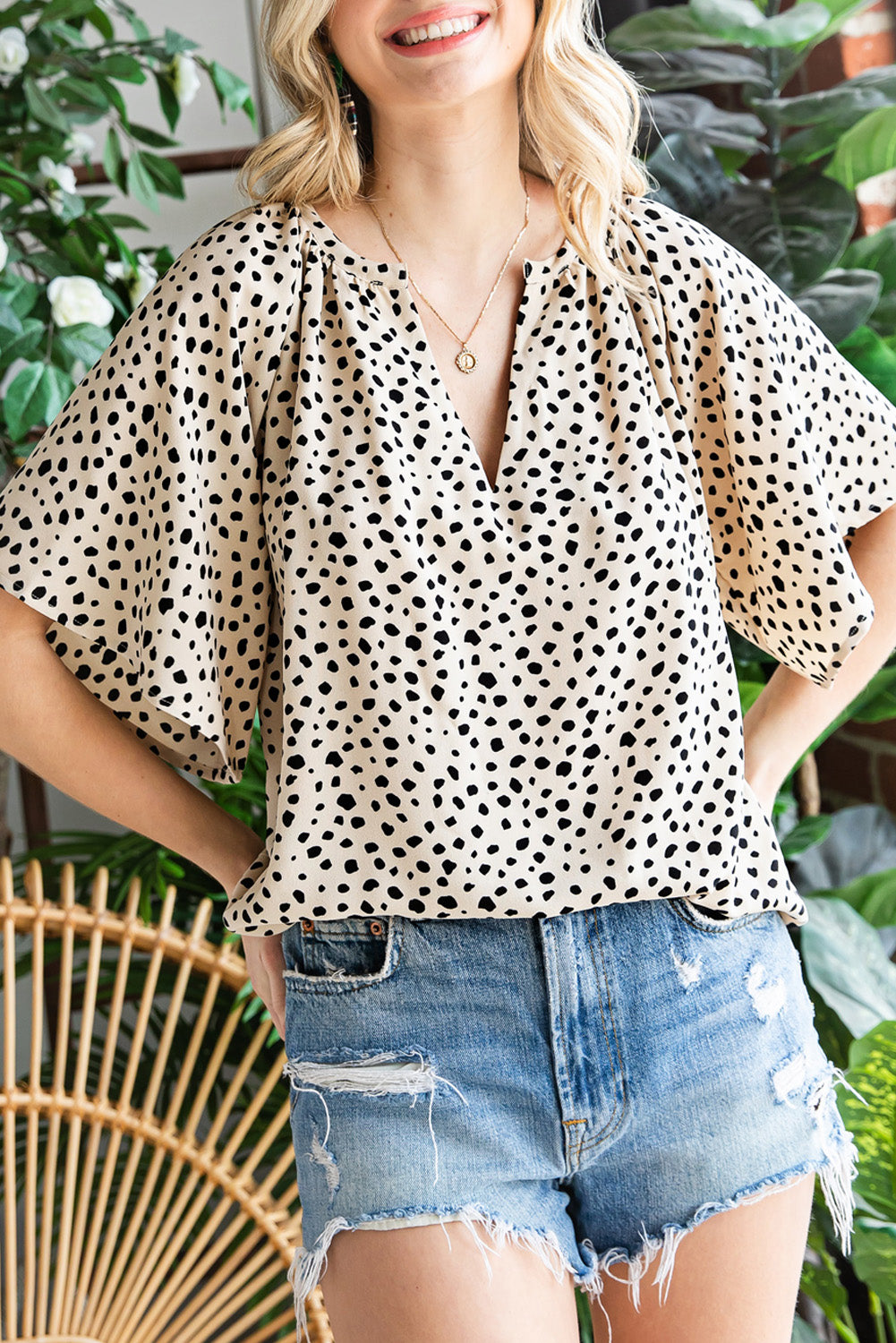 Cheetah Notch V Neck Casual Ruffle Sleeve Blouse *