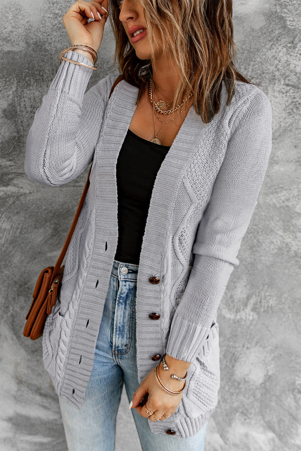 Color Block Button Up Closure Knitted Cardigan with Pocket *