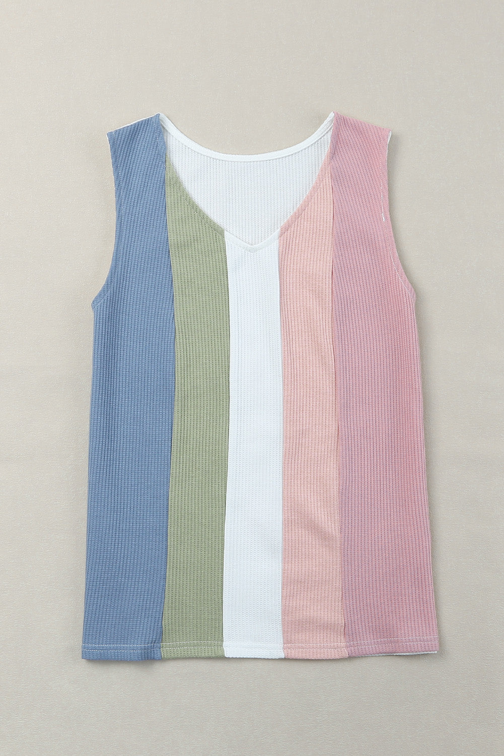 Multicolor Color Block Casual V Neck Waffle Knit Tank Top *