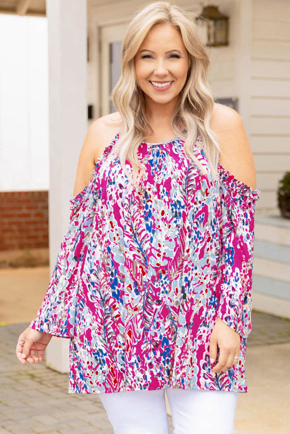 Abstract Print Boho Cold Shoulder Plus Size Top *