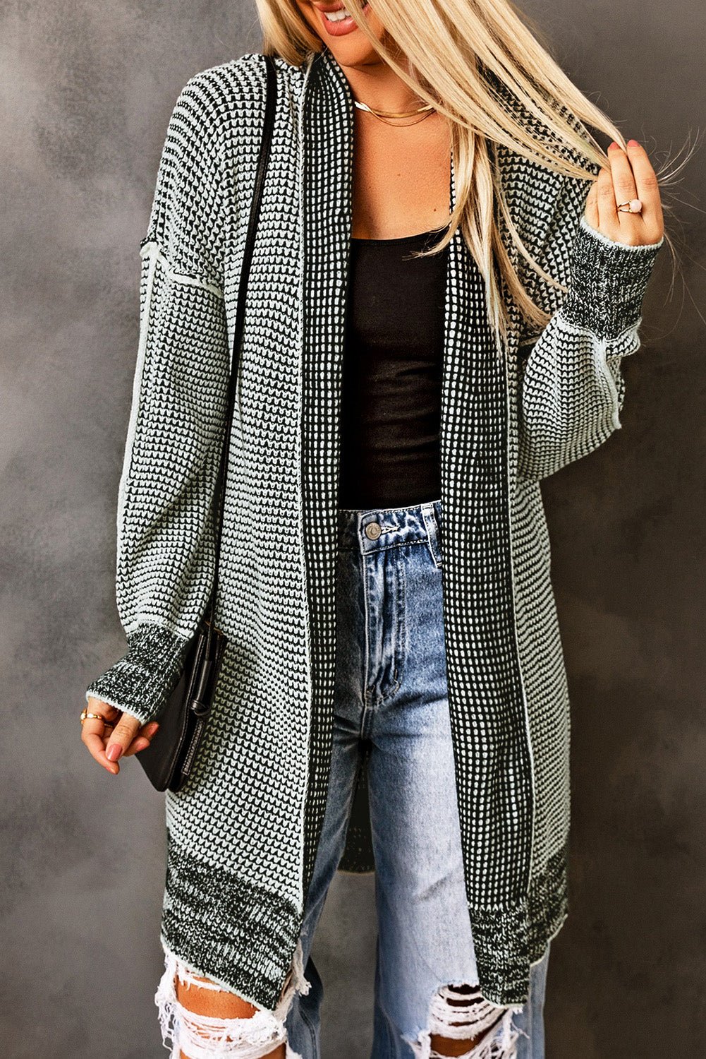 Pink Plaid Contrast Trim Casual Knit Long Cardigan*