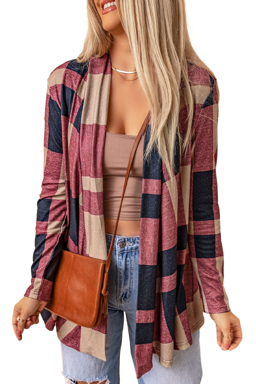 Plaid Casual Draped Open Front Cardigan *